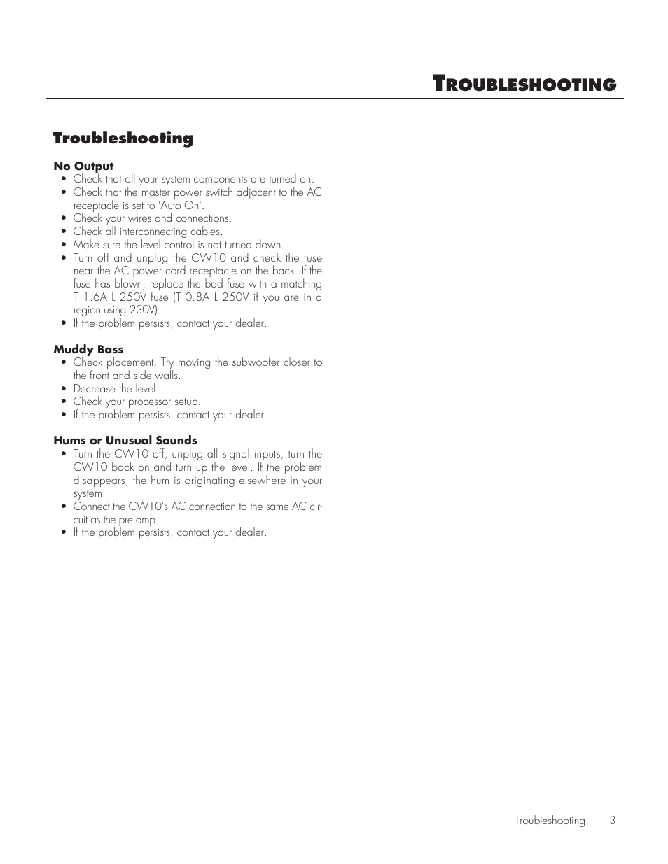 Roubleshooting, Troubleshooting | MartinLogan CW10 User Manual | Page 13 / 18