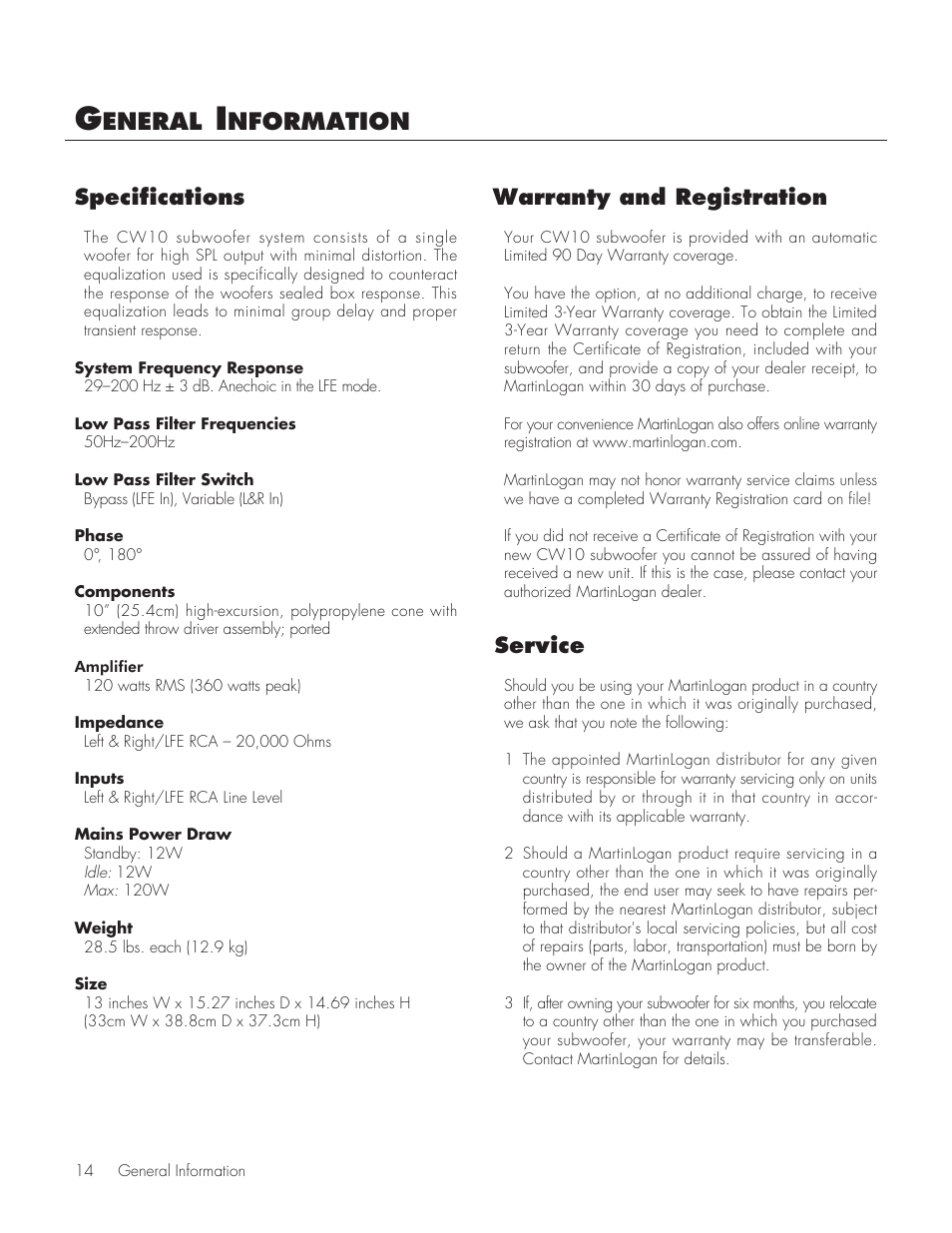 Eneral, Nformation, Service | Warranty and registration specifications | MartinLogan CW10 User Manual | Page 14 / 18