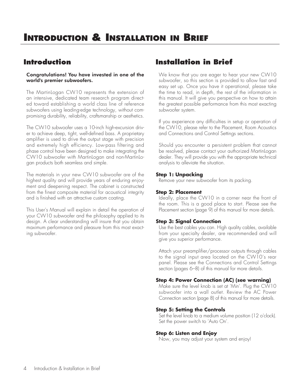 Ntroduction, Nstallation, Rief | Introduction installation in brief | MartinLogan CW10 User Manual | Page 4 / 18