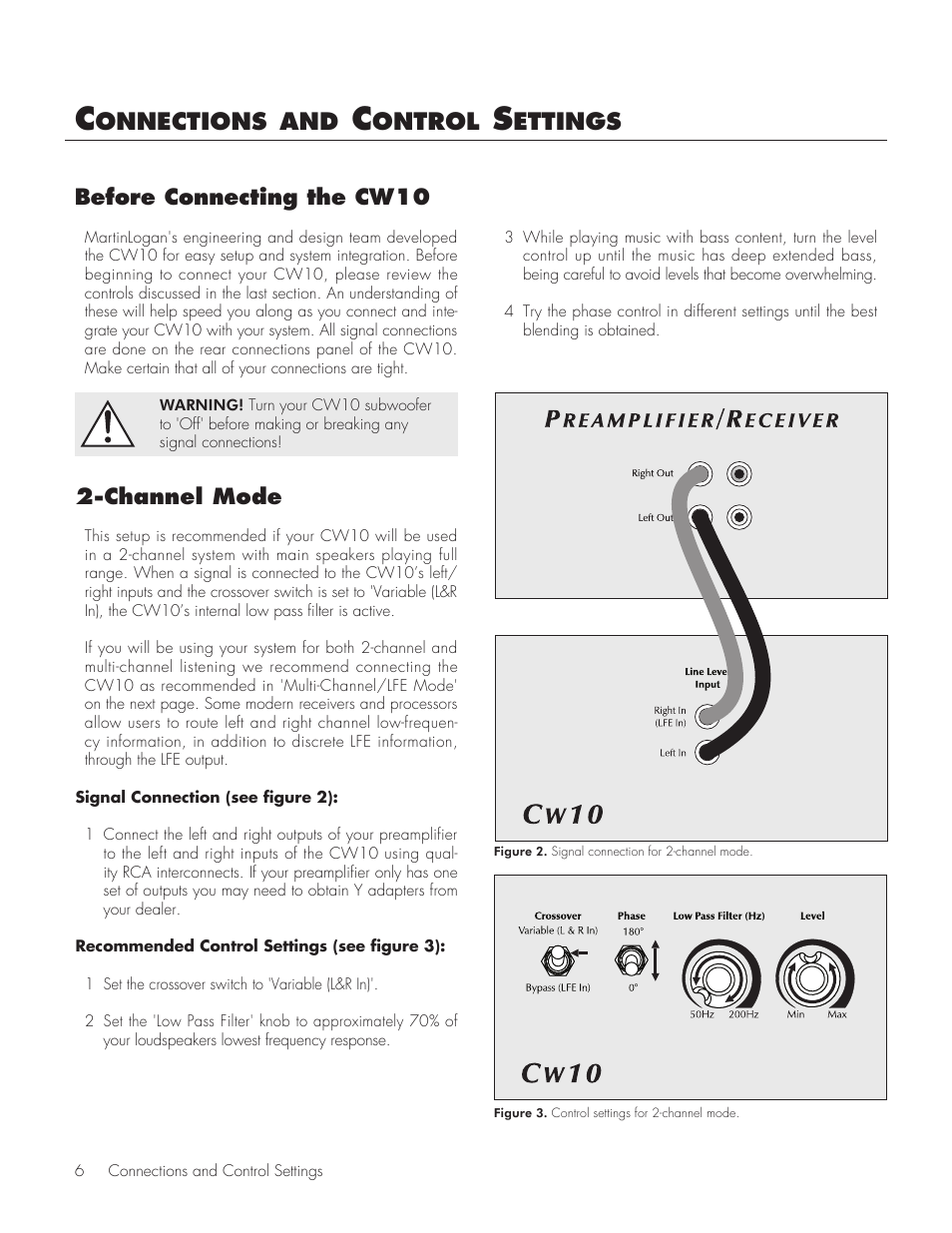 Onnections, Ontrol, Ettings | Channel mode, Before connecting the cw10 | MartinLogan CW10 User Manual | Page 6 / 18