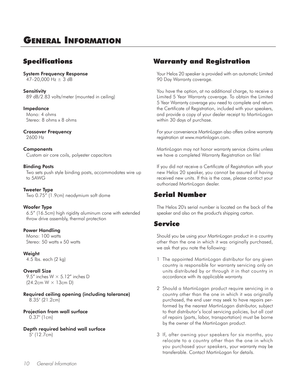 Eneral, Nformation, Serial number | Service, Warranty and registration specifications | MartinLogan 20 User Manual | Page 10 / 12