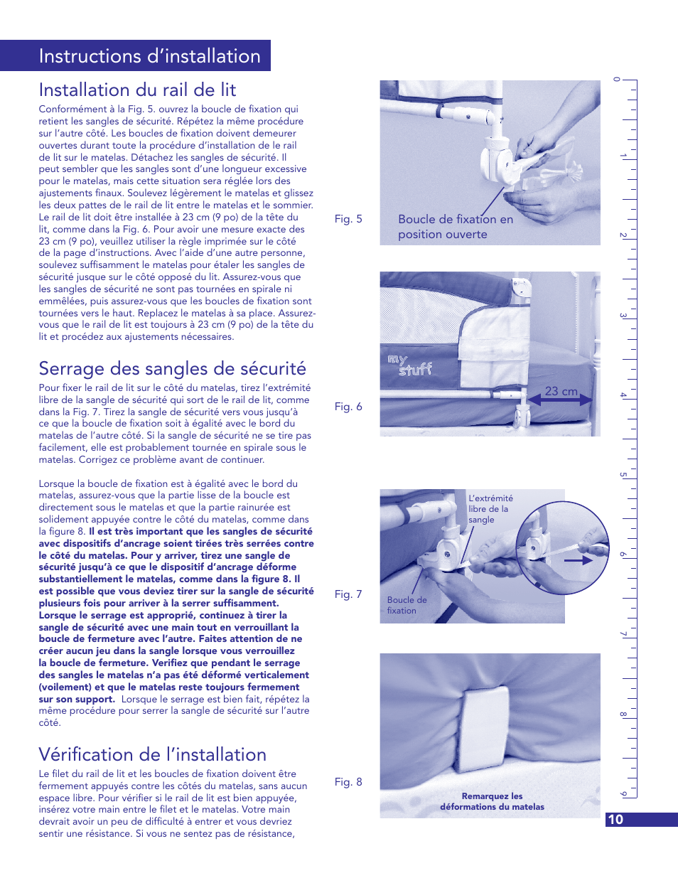 Instructions d’installation, Installation du rail de lit, Serrage des sangles de sécurité | Vérification de l’installation | Munchkin Crib User Manual | Page 11 / 20
