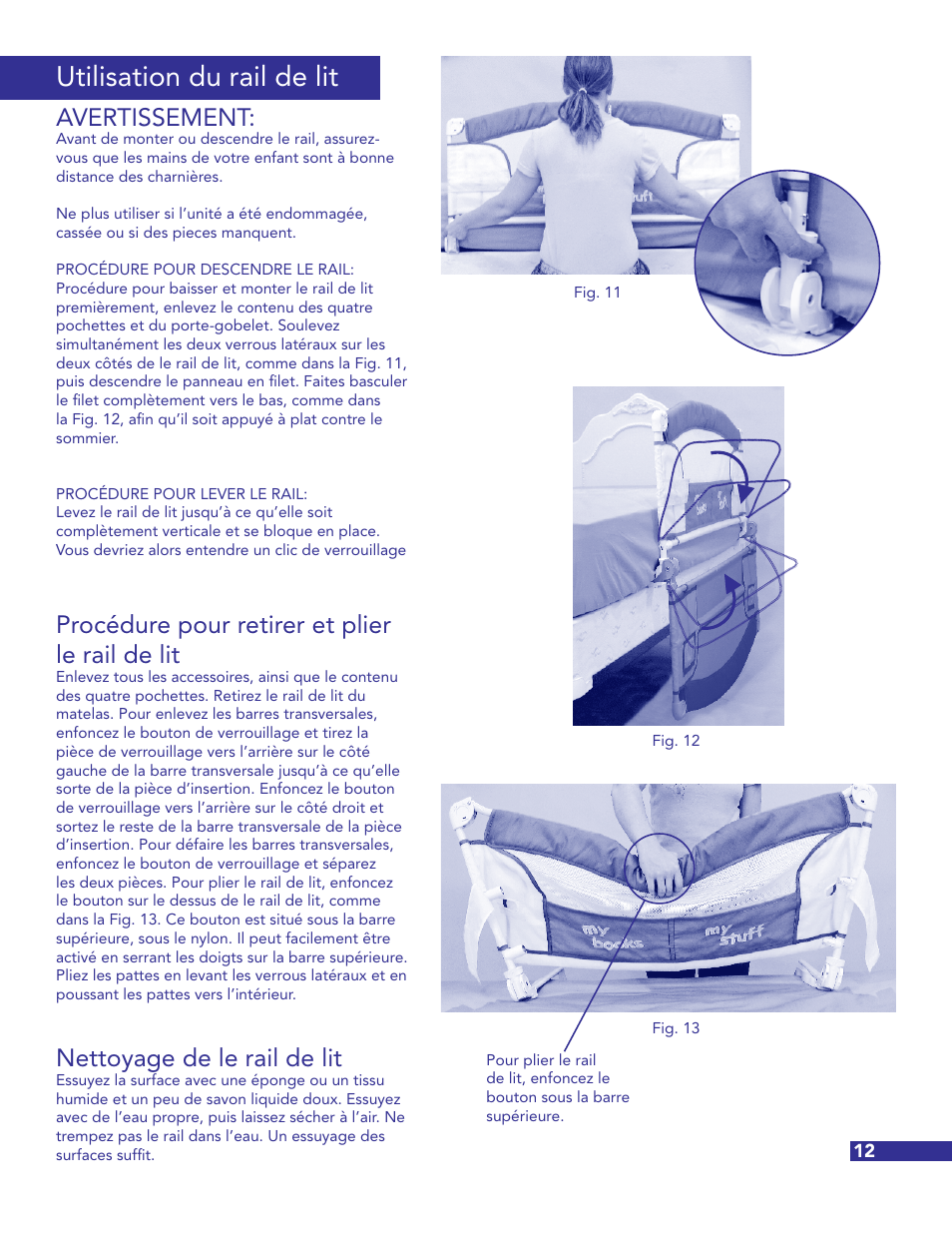 Utilisation du rail de lit, Avertissement, Procédure pour retirer et plier le rail de lit | Nettoyage de le rail de lit | Munchkin Crib User Manual | Page 13 / 20