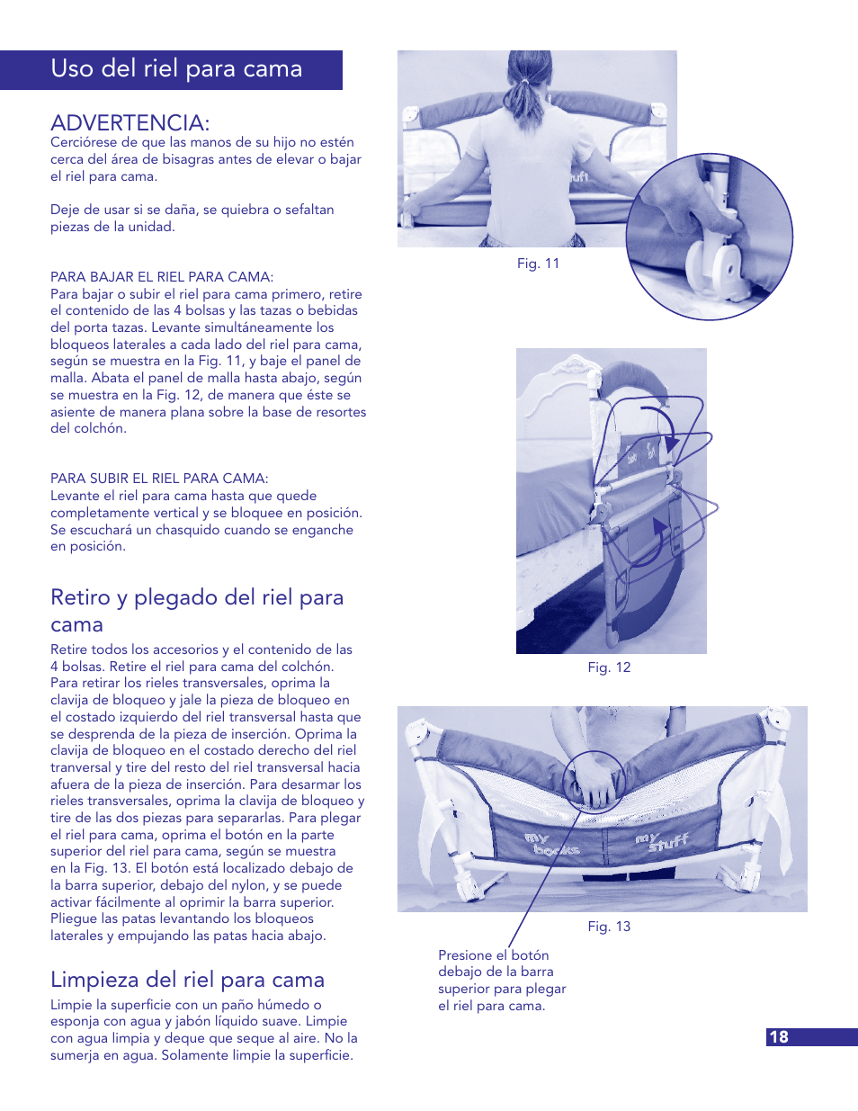 Uso del riel para cama, Advertencia, Retiro y plegado del riel para cama | Limpieza del riel para cama | Munchkin Crib User Manual | Page 19 / 20