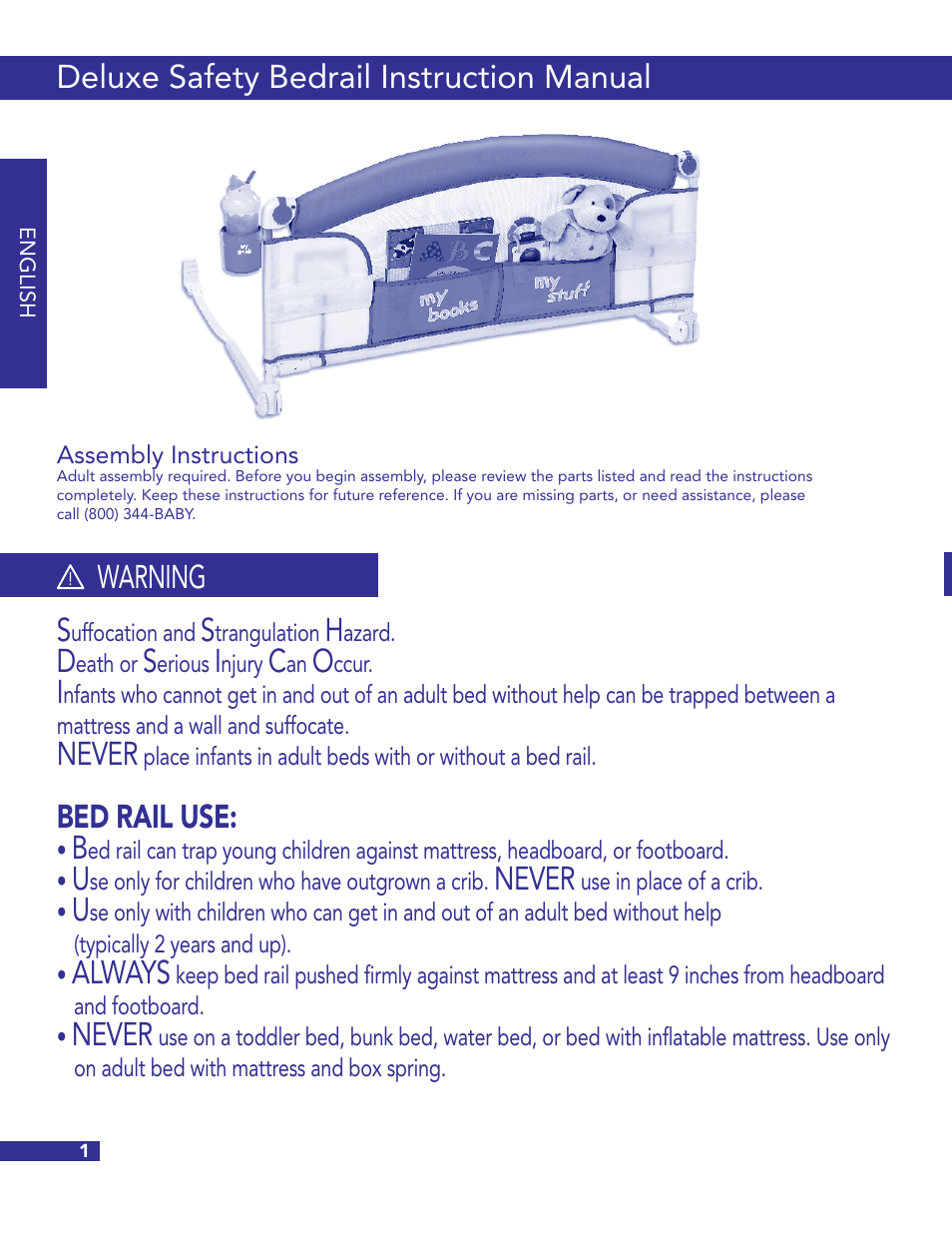Deluxe safety bedrail instruction manual, Never, Bed rail use | Always, Warning | Munchkin Crib User Manual | Page 2 / 20