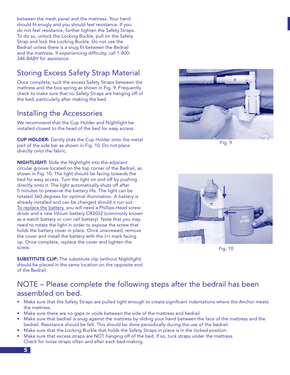 Storing excess safety strap material, Installing the accessories | Munchkin Crib User Manual | Page 6 / 20