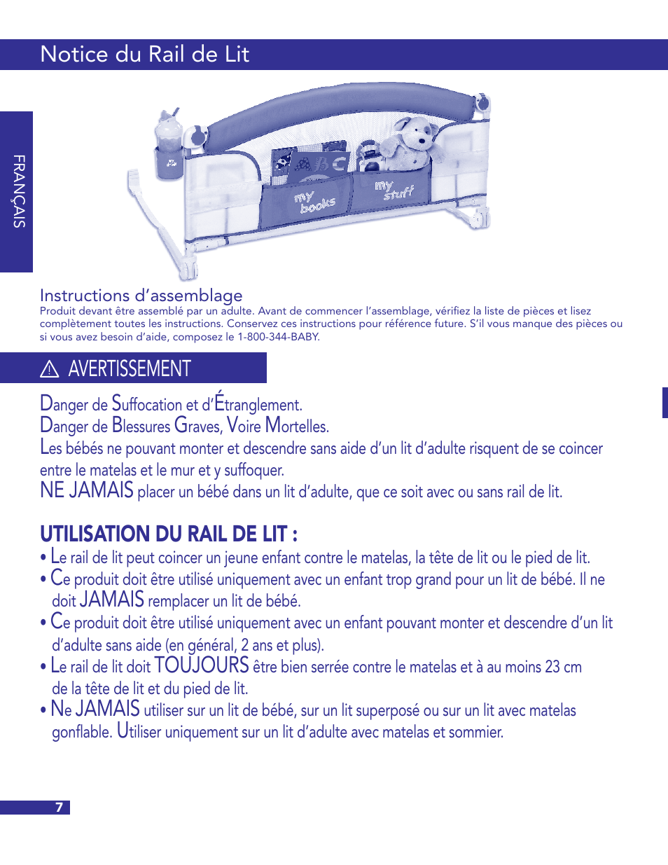 Notice du rail de lit, Ne jamais, Utilisation du rail de lit | Jamais, Toujours, Avertissement | Munchkin Crib User Manual | Page 8 / 20