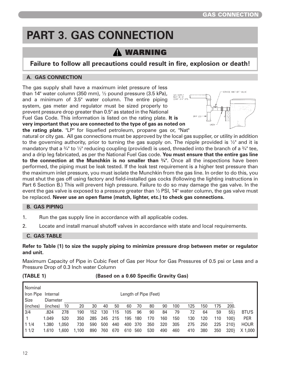 Part 3. gas connection, Warning | Munchkin HIGH EFFICIENCY HEATER with the "925" Controller User Manual | Page 12 / 48
