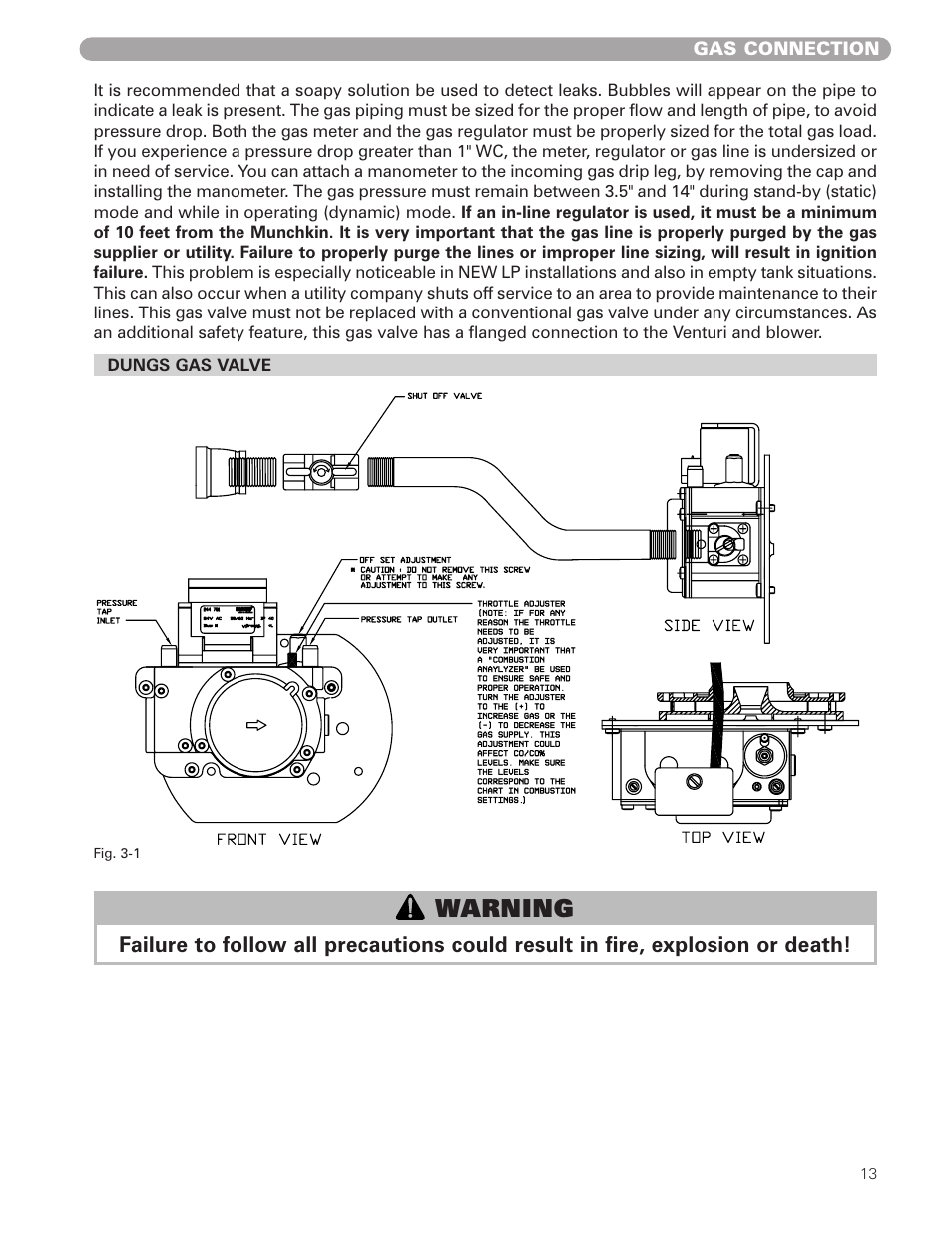 Warning, Gas connection | Munchkin HIGH EFFICIENCY HEATER with the "925" Controller User Manual | Page 13 / 48