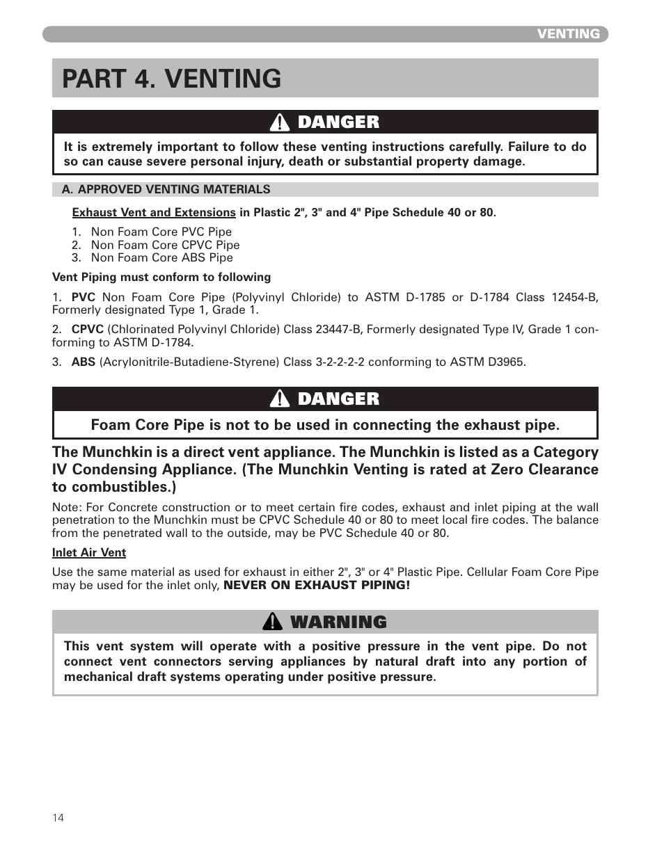 Part 4. venting, Danger, Warning | Munchkin HIGH EFFICIENCY HEATER with the "925" Controller User Manual | Page 14 / 48