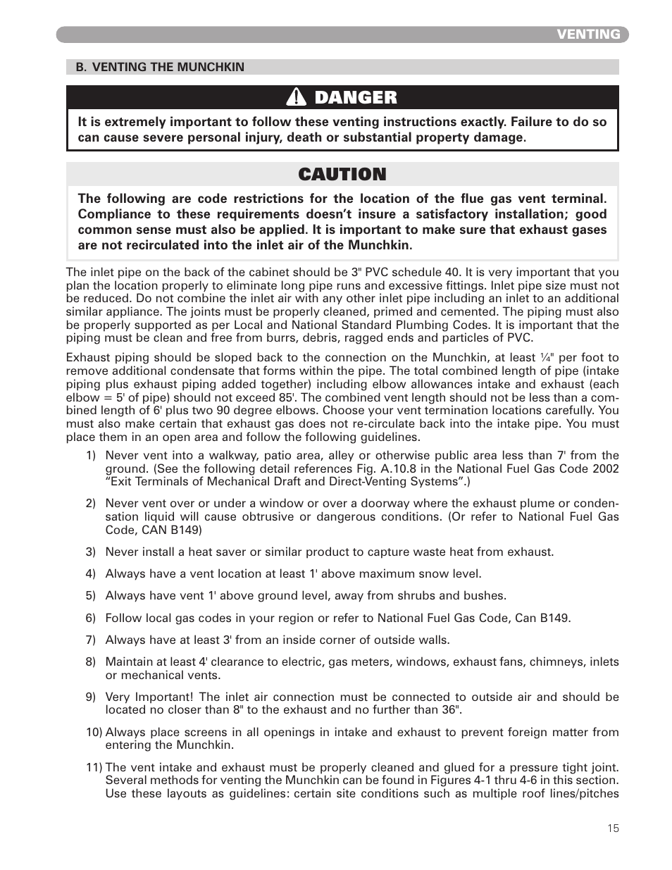 Danger, Caution | Munchkin HIGH EFFICIENCY HEATER with the "925" Controller User Manual | Page 15 / 48