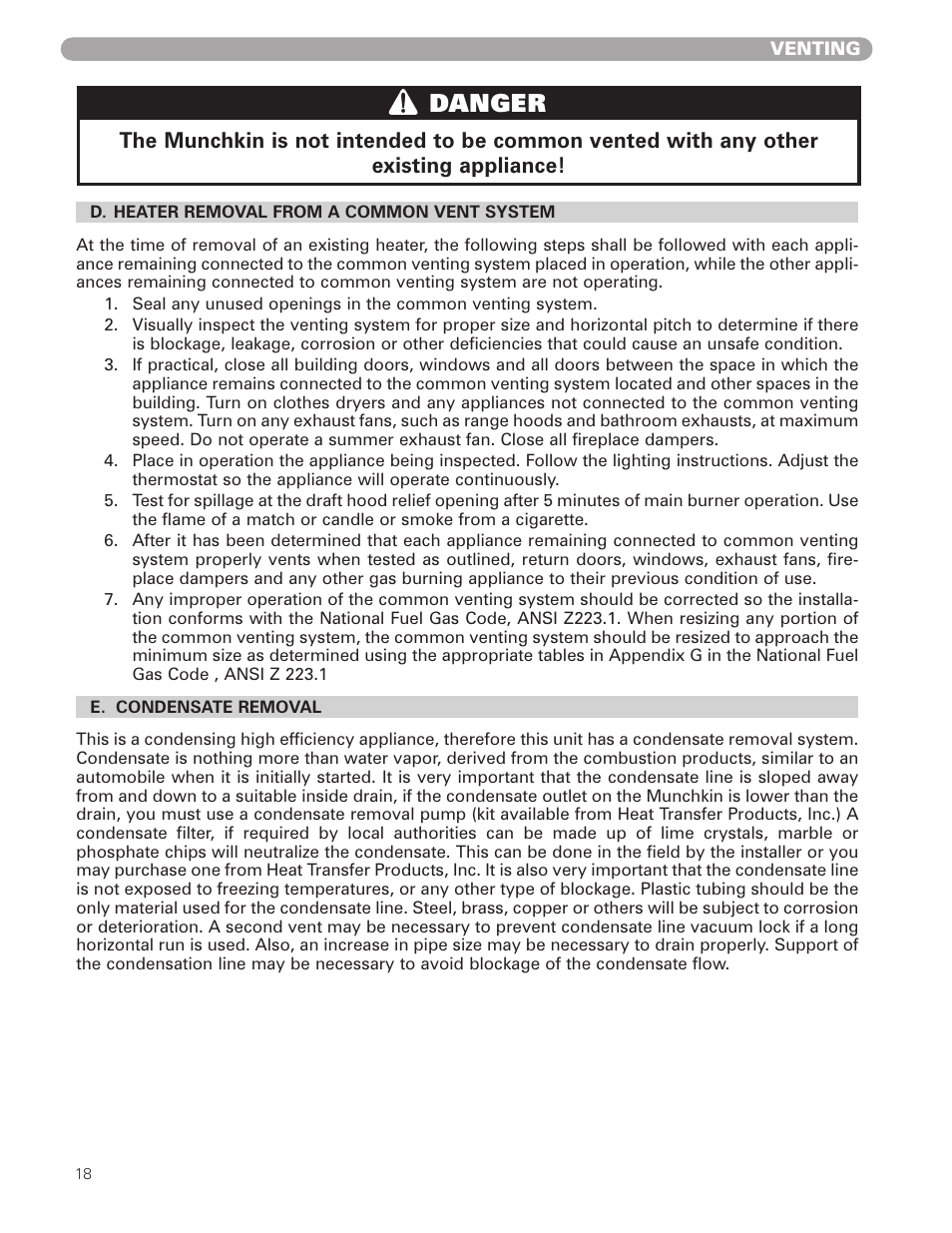 Danger | Munchkin HIGH EFFICIENCY HEATER with the "925" Controller User Manual | Page 18 / 48