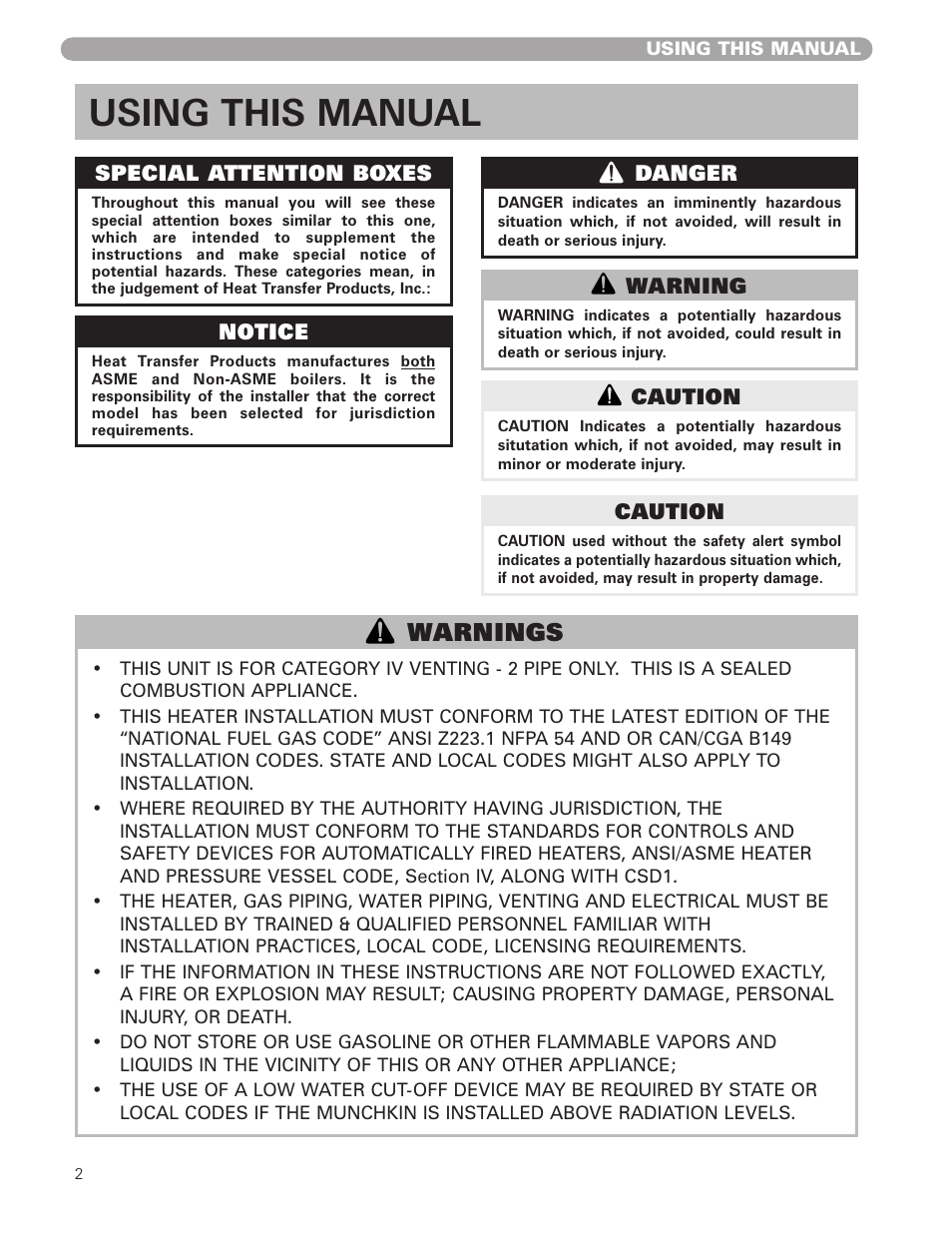 Using this manual, Warnings | Munchkin HIGH EFFICIENCY HEATER with the "925" Controller User Manual | Page 2 / 48