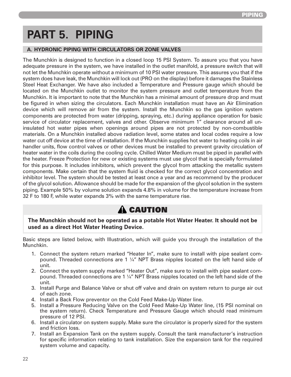 Part 5. piping, Caution | Munchkin HIGH EFFICIENCY HEATER with the "925" Controller User Manual | Page 22 / 48