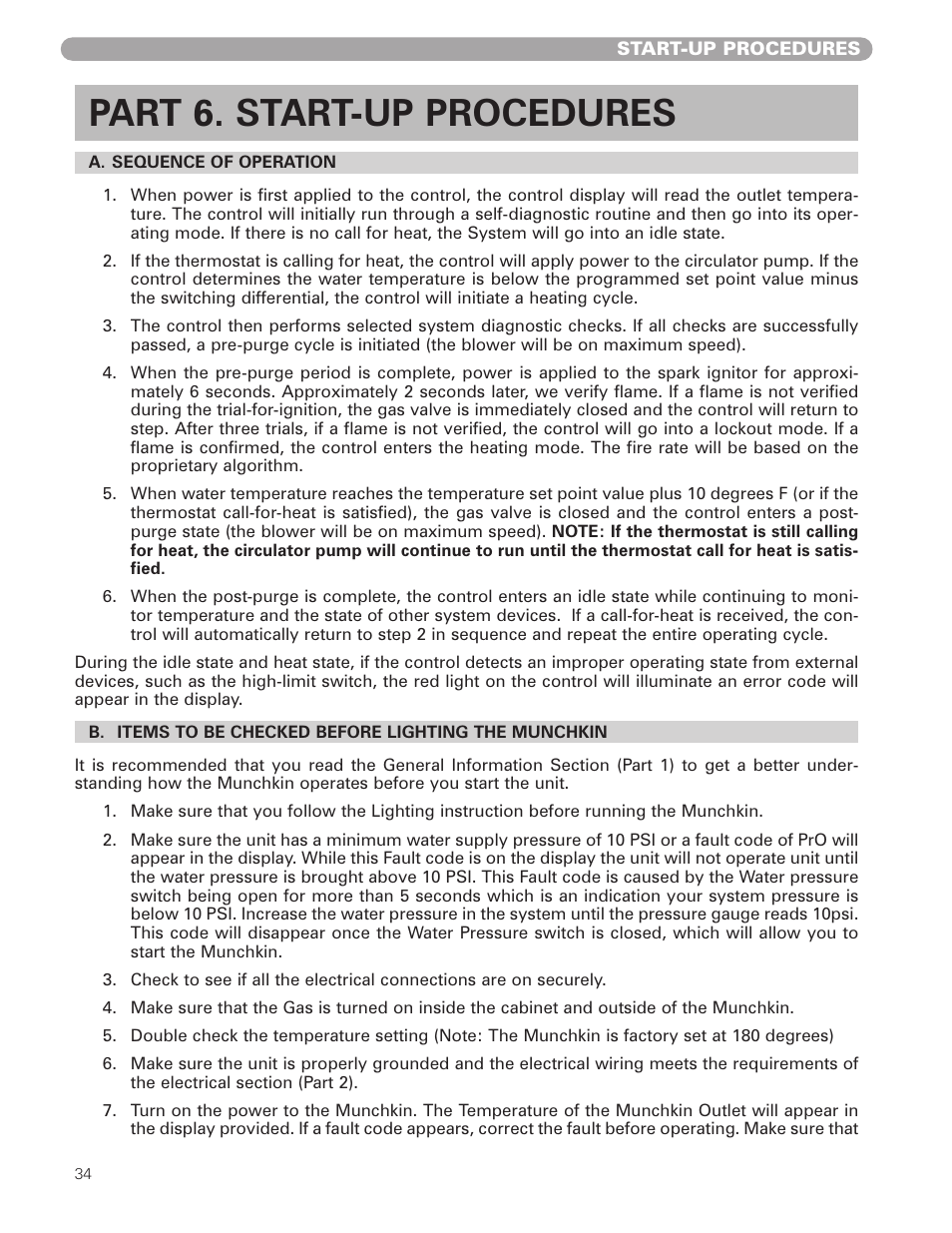 Part 6. start-up procedures | Munchkin HIGH EFFICIENCY HEATER with the "925" Controller User Manual | Page 34 / 48