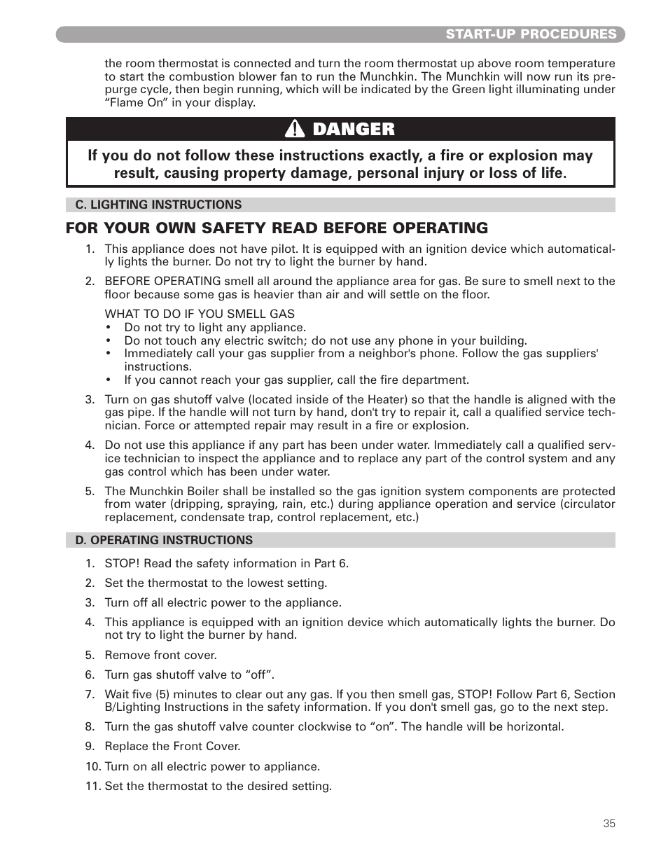 Danger, For your own safety read before operating | Munchkin HIGH EFFICIENCY HEATER with the "925" Controller User Manual | Page 35 / 48