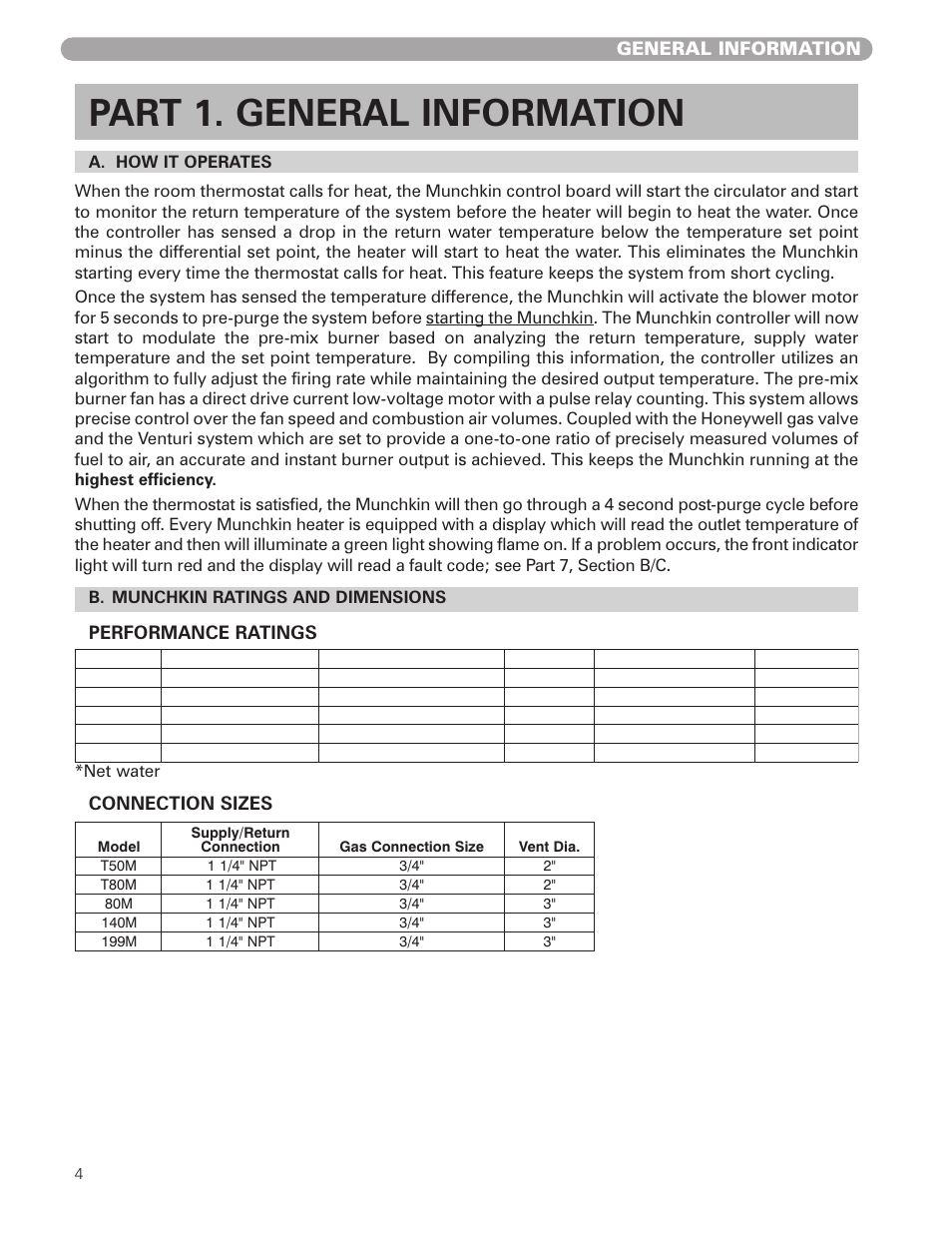 Part 1. general information, General information, Performance ratings | Connection sizes | Munchkin HIGH EFFICIENCY HEATER with the "925" Controller User Manual | Page 4 / 48
