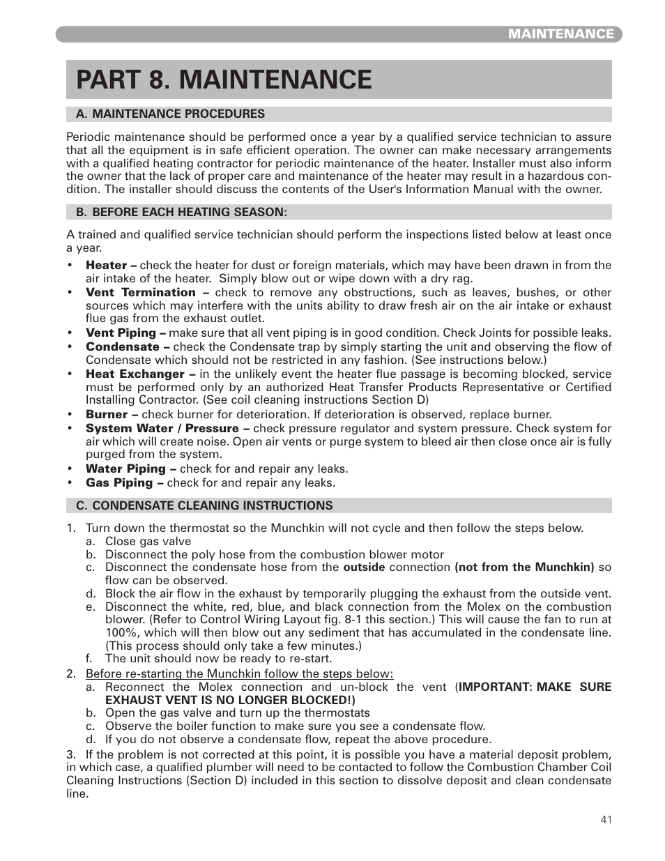 Part 8. maintenance | Munchkin HIGH EFFICIENCY HEATER with the "925" Controller User Manual | Page 41 / 48