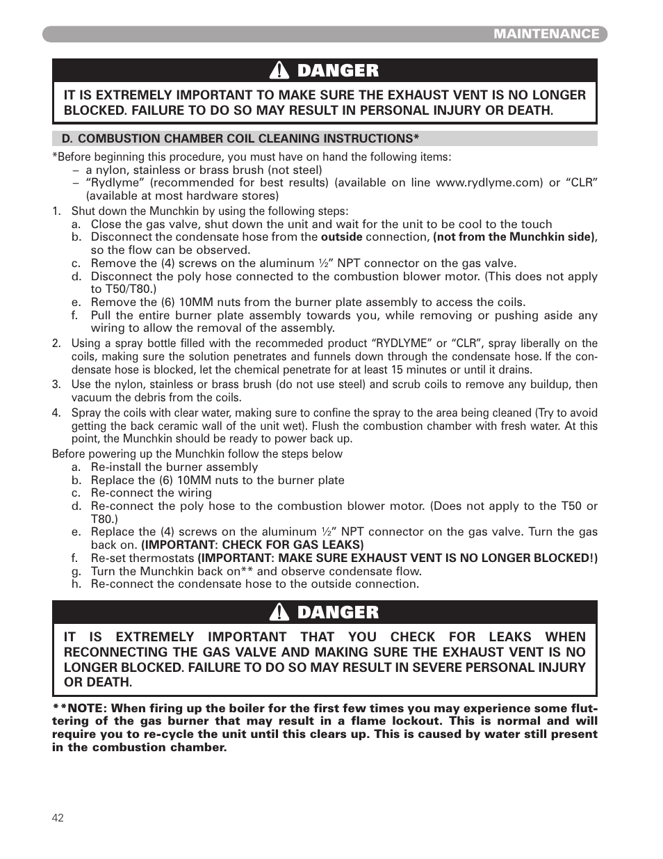 Danger | Munchkin HIGH EFFICIENCY HEATER with the "925" Controller User Manual | Page 42 / 48