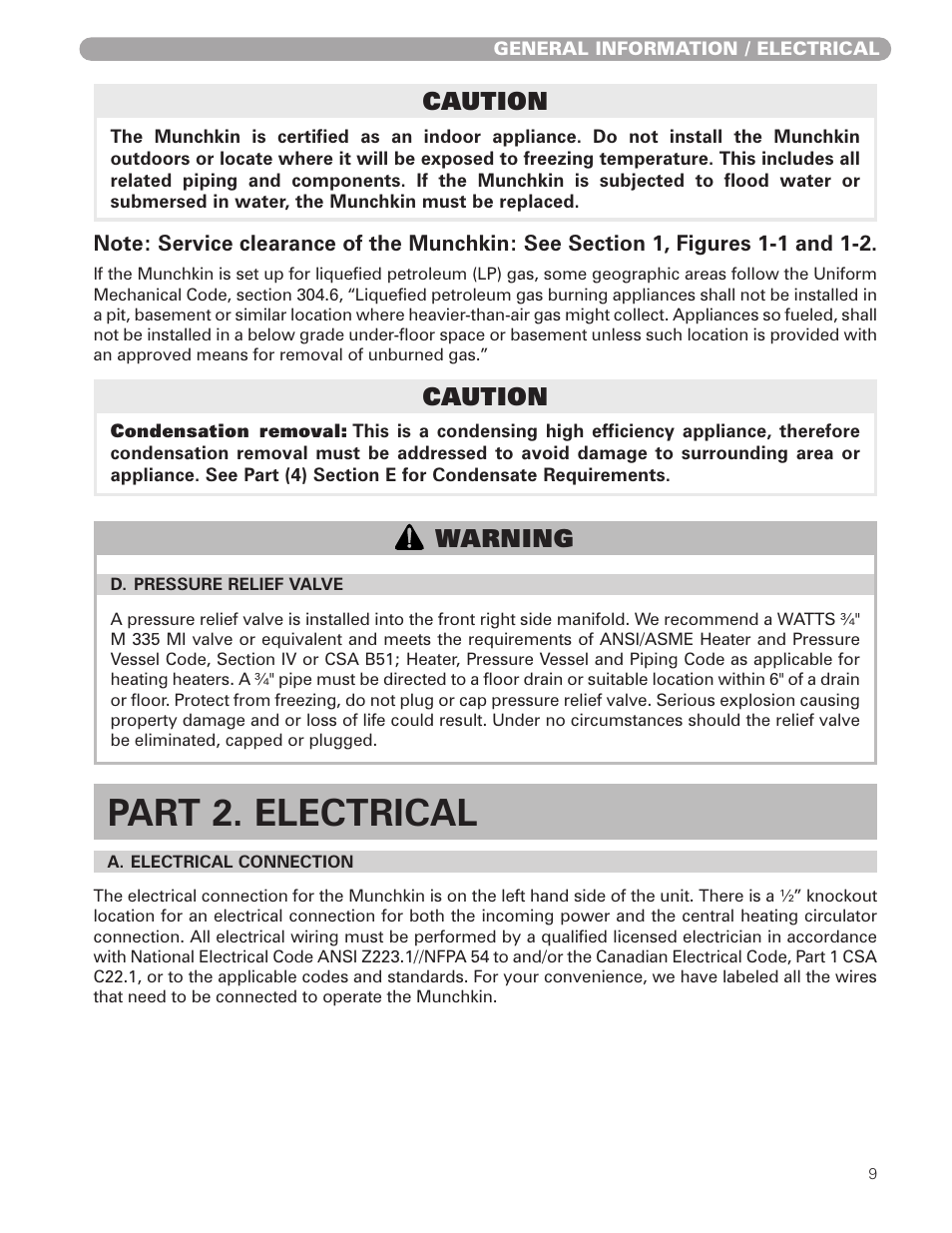 Part 2. electrical, Caution, Warning | Munchkin HIGH EFFICIENCY HEATER with the "925" Controller User Manual | Page 9 / 48