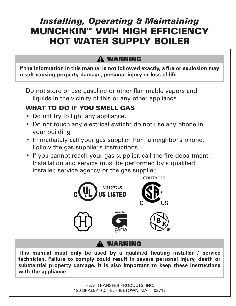 Munchkin VWH High Efficiency Hot Water Supply Boiler User Manual | 44 pages