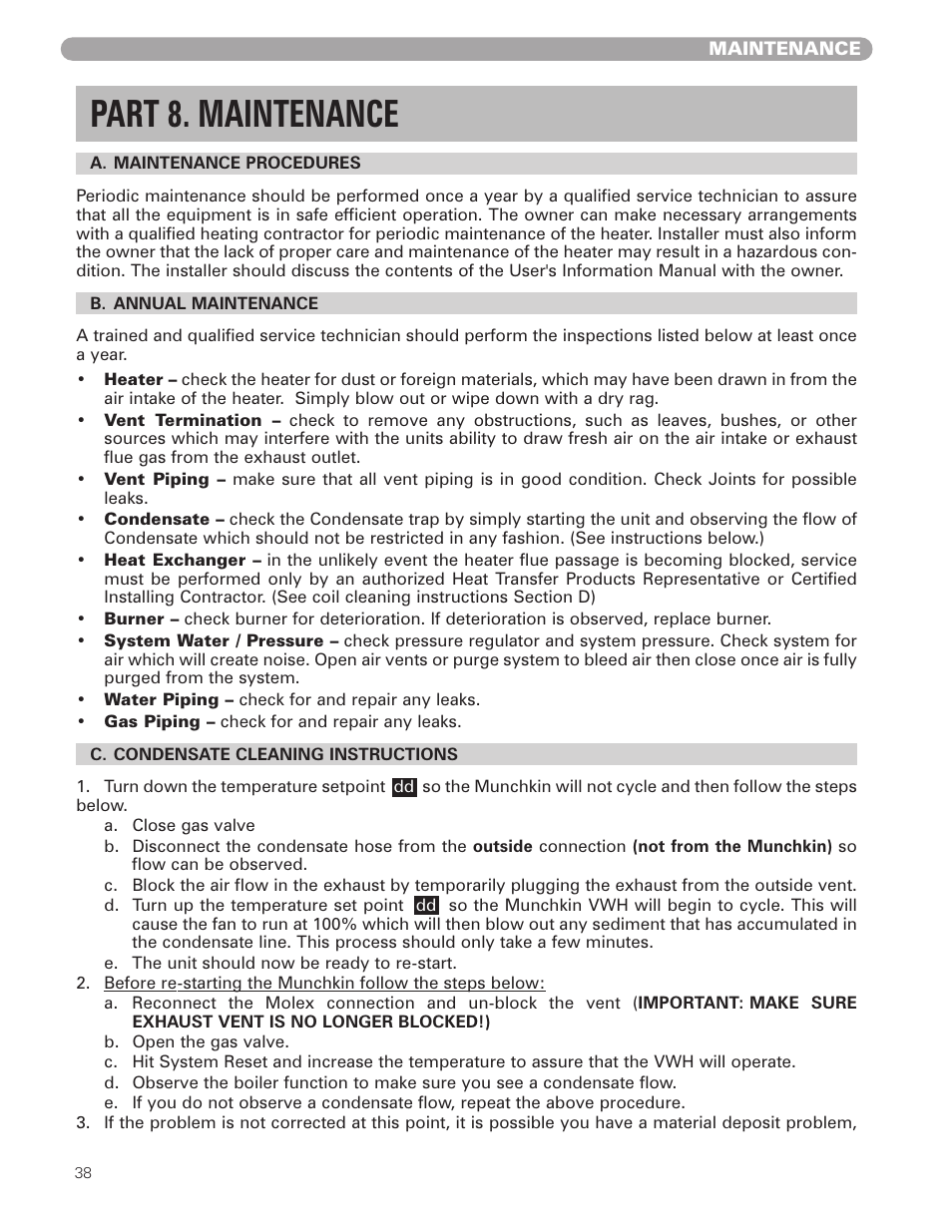 Part 8. maintenance | Munchkin VWH High Efficiency Hot Water Supply Boiler User Manual | Page 38 / 44