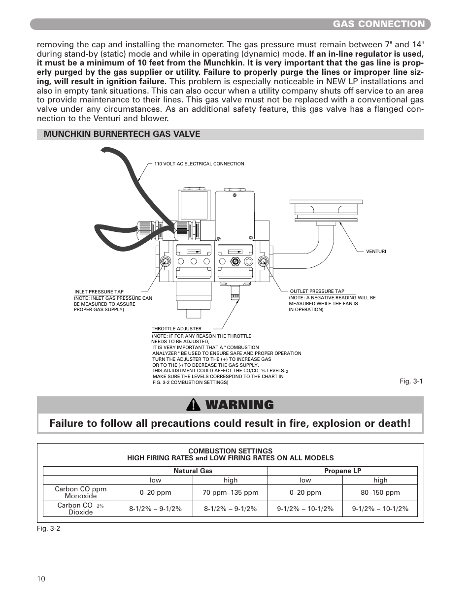 Warning, Gas connection | Munchkin 399M User Manual | Page 10 / 44