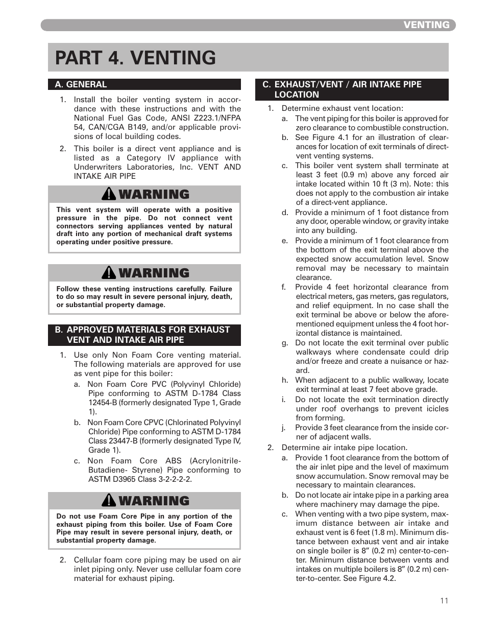 Part 4. venting, Warning | Munchkin 399M User Manual | Page 11 / 44