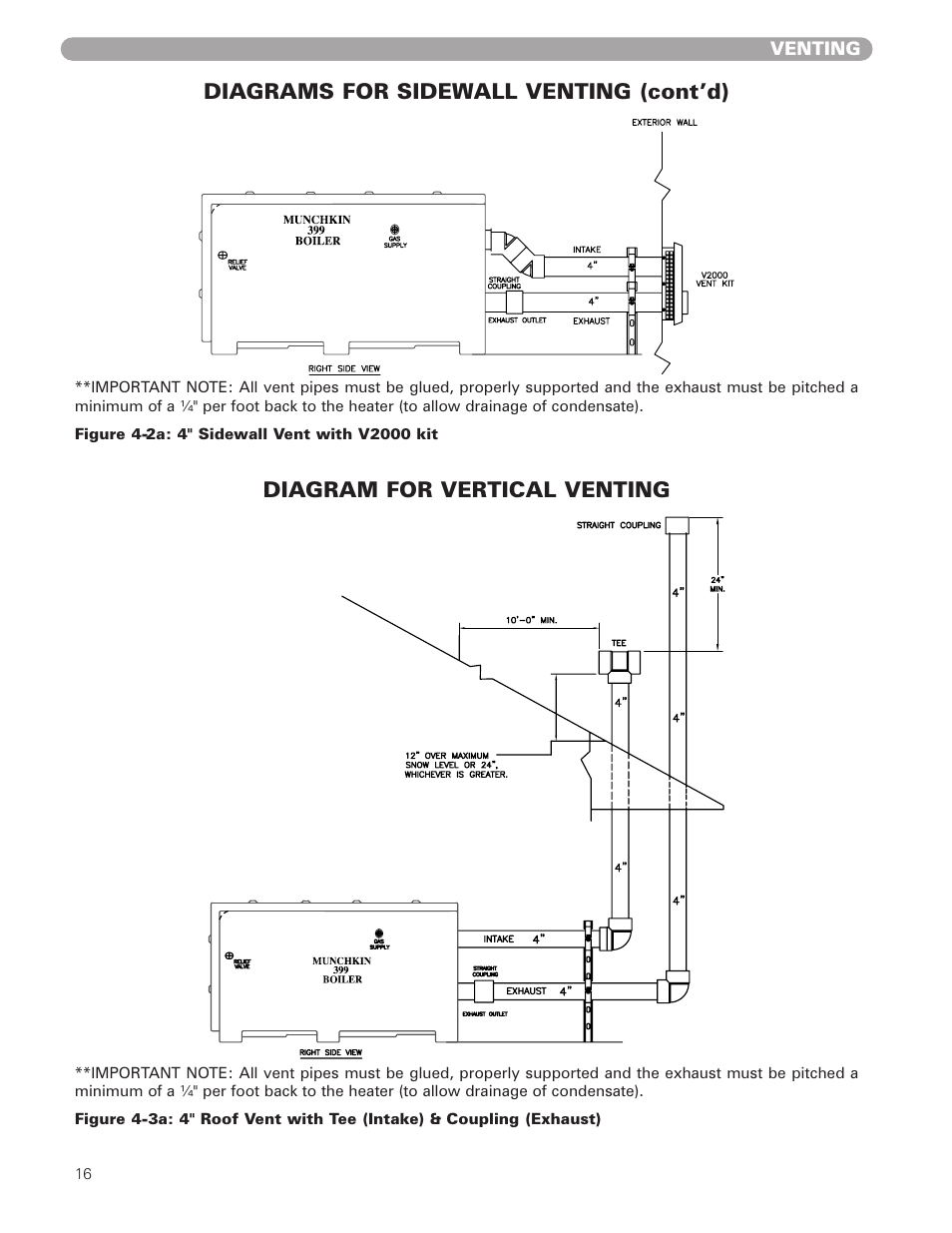 Diagram for vertical venting, Diagrams for sidewall venting (cont’d) | Munchkin 399M User Manual | Page 16 / 44