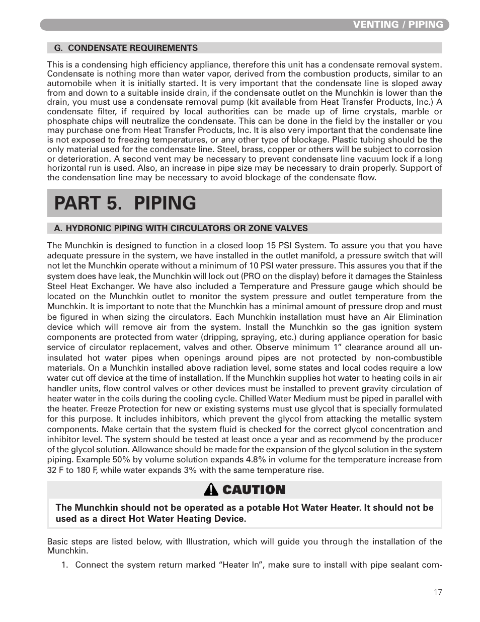 Part 5. piping, Caution | Munchkin 399M User Manual | Page 17 / 44