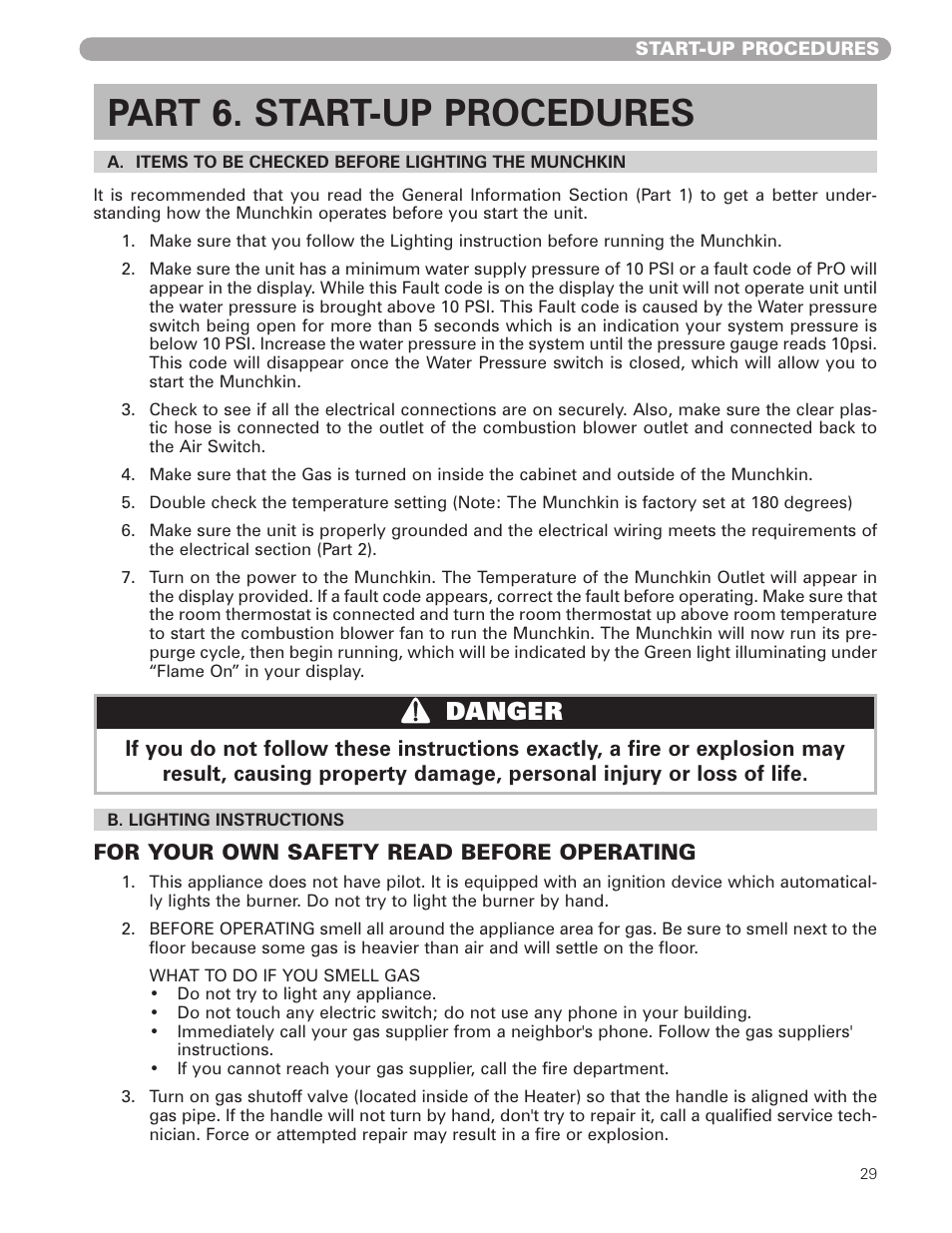 Part 6. start-up procedures, Danger | Munchkin 399M User Manual | Page 29 / 44