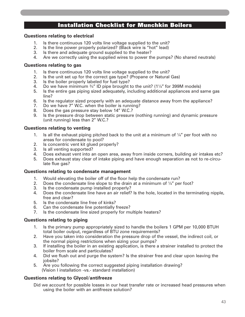 Installation checklist for munchkin boilers | Munchkin 399M User Manual | Page 43 / 44