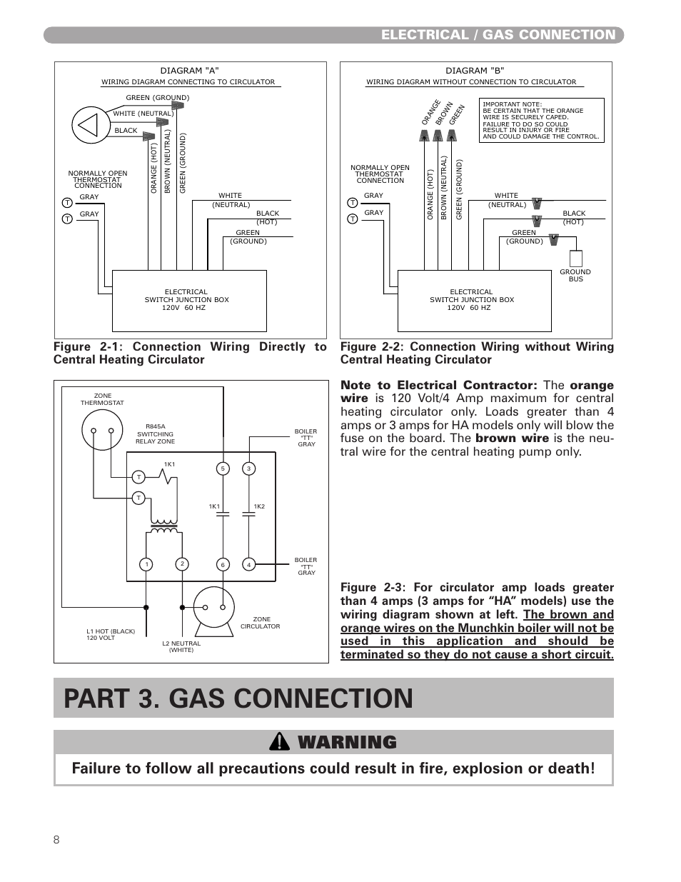 Part 3. gas connection, Warning, Electrical / gas connection | Munchkin 399M User Manual | Page 8 / 44