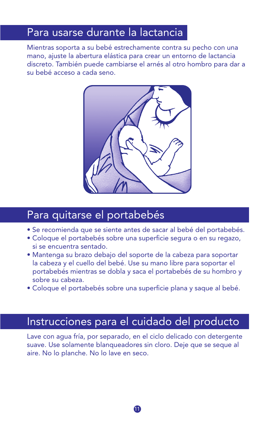 18008t-is jbmn-cargo sling 11, Para usarse durante la lactancia, Para quitarse el portabebés | Instrucciones para el cuidado del producto | Munchkin Jelly Bean Cargo Sling User Manual | Page 11 / 12