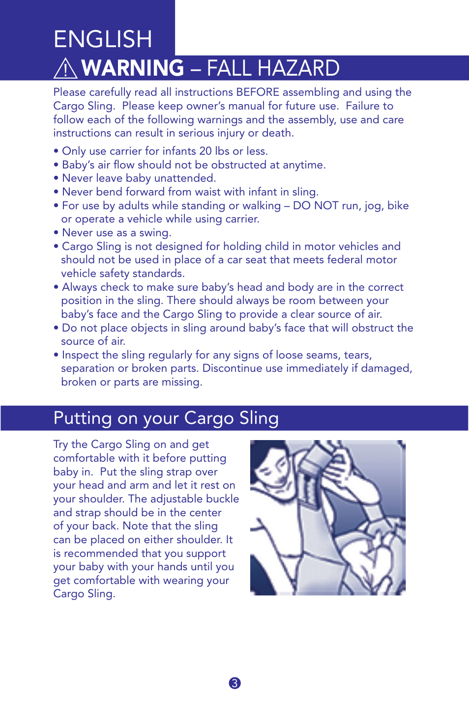 18008t-is jbmn-cargo sling 3, English, Warning – fall hazard | Putting on your cargo sling | Munchkin Jelly Bean Cargo Sling User Manual | Page 3 / 12