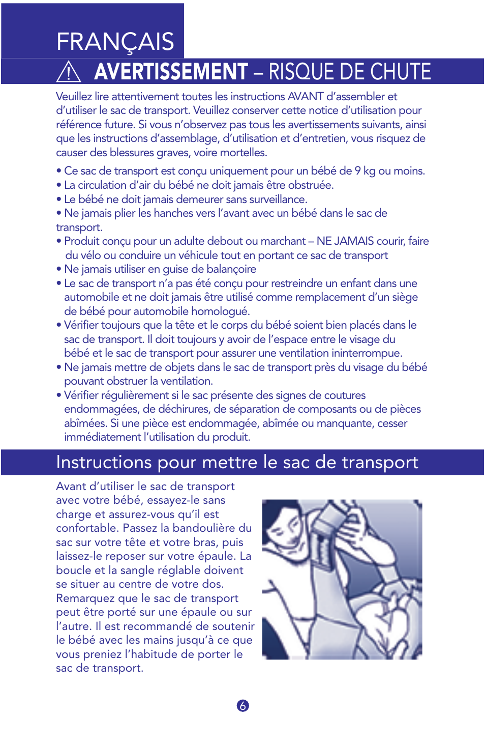 18008t-is jbmn-cargo sling 6, Français, Avertissement – risque de chute | Instructions pour mettre le sac de transport | Munchkin Jelly Bean Cargo Sling User Manual | Page 6 / 12