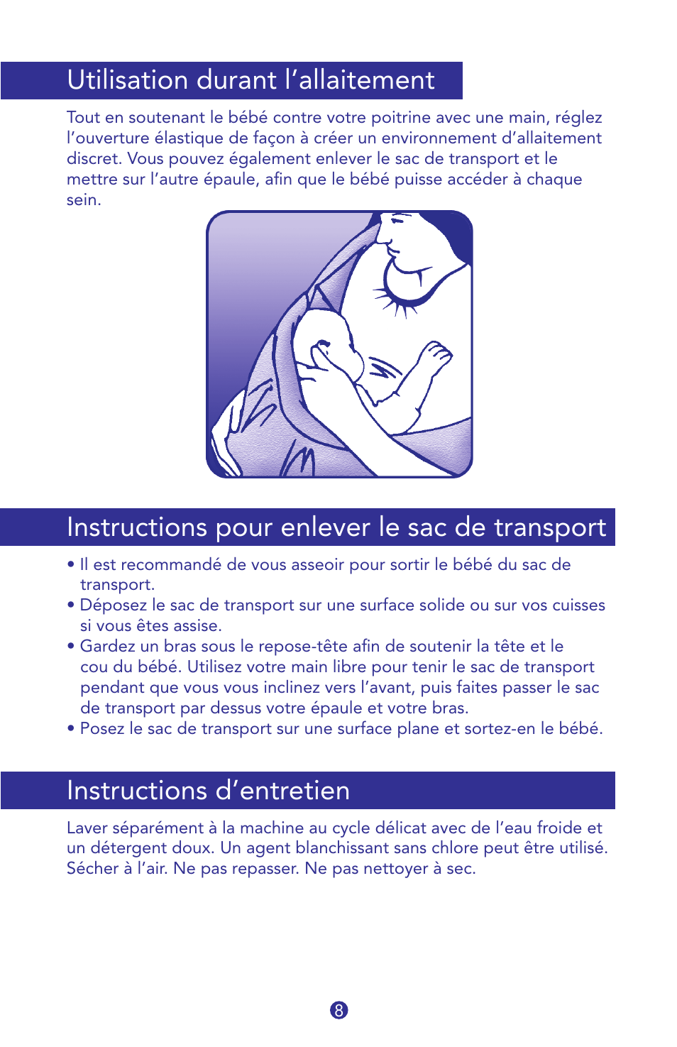 18008t-is jbmn-cargo sling 8, Utilisation durant l’allaitement, Instructions pour enlever le sac de transport | Instructions d’entretien | Munchkin Jelly Bean Cargo Sling User Manual | Page 8 / 12