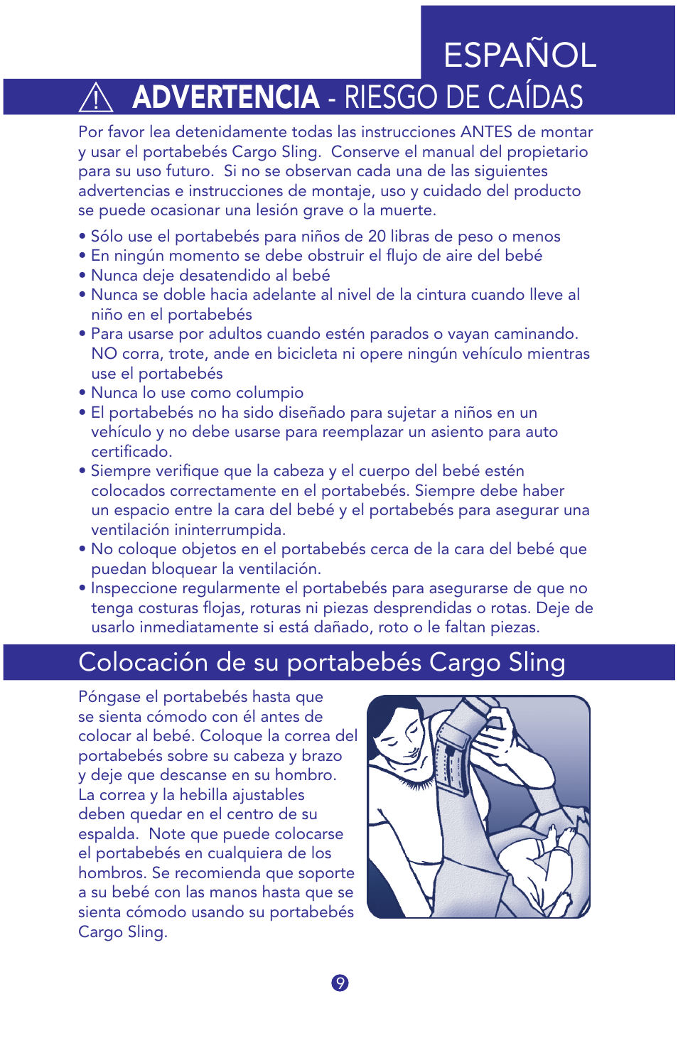 18008t-is jbmn-cargo sling 9, Español, Advertencia - riesgo de caídas | Colocación de su portabebés cargo sling | Munchkin Jelly Bean Cargo Sling User Manual | Page 9 / 12