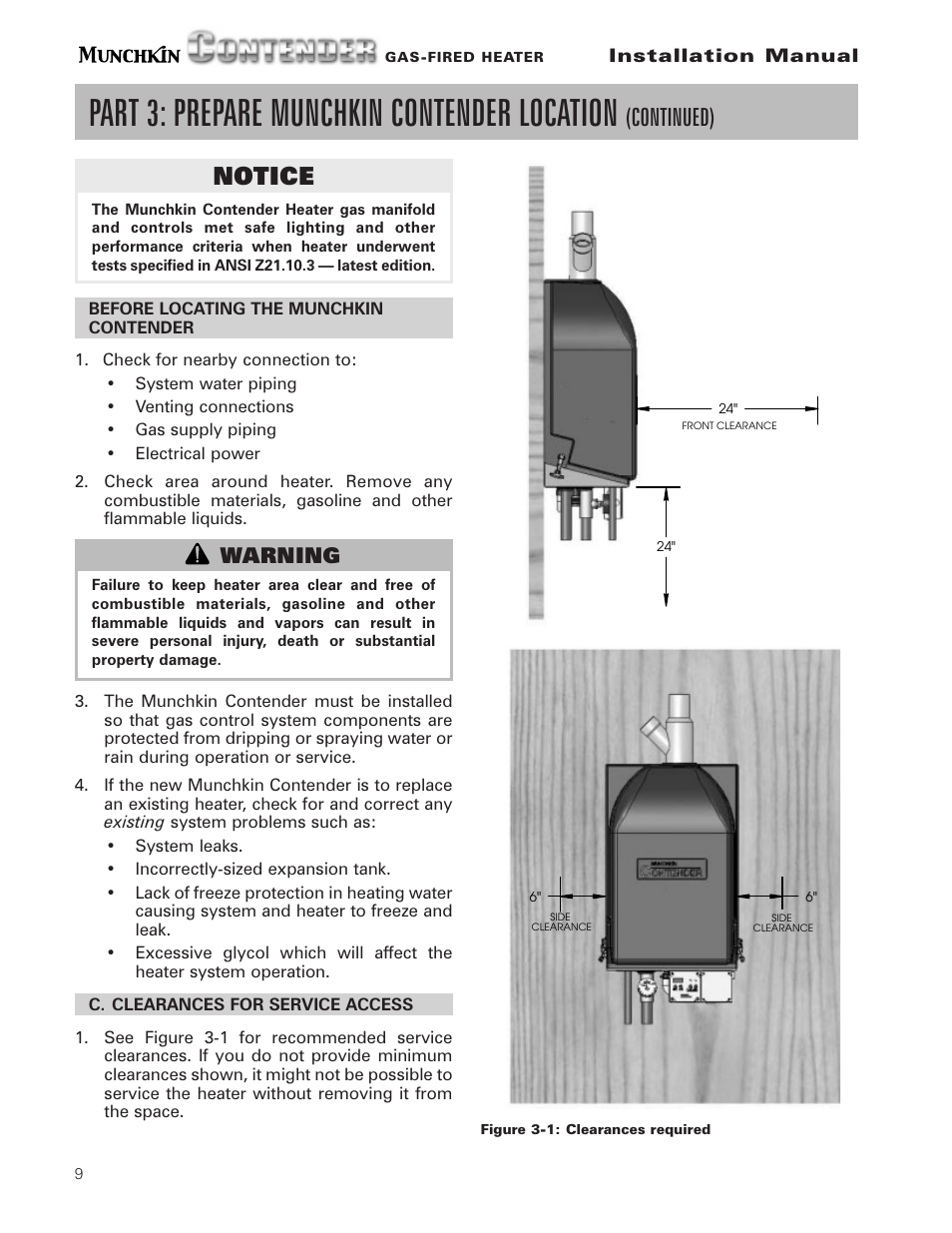 Part 3: prepare munchkin contender location, Continued), Notice | Warning | Munchkin Gas-Fired Hot Water Circulating Heater User Manual | Page 10 / 72