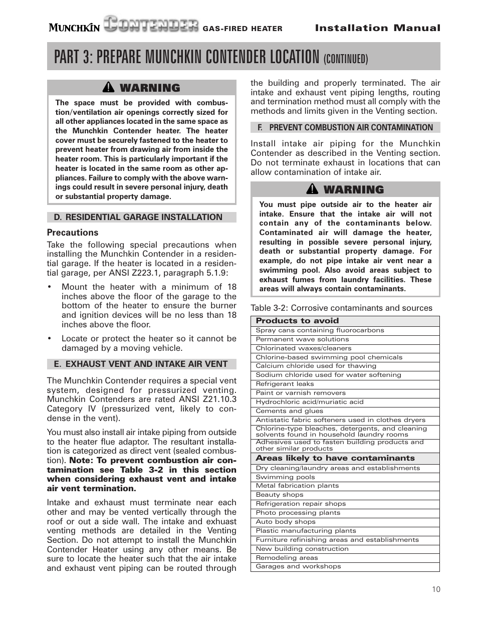 Part 3: prepare munchkin contender location, Continued), Warning | Munchkin Gas-Fired Hot Water Circulating Heater User Manual | Page 11 / 72