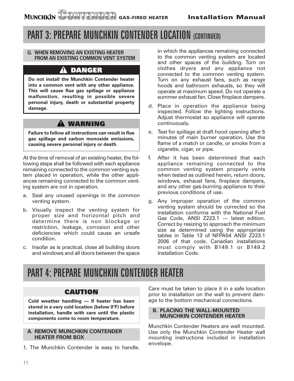 Part 3: prepare munchkin contender location, Part 4: prepare munchkin contender heater, Continued) | Munchkin Gas-Fired Hot Water Circulating Heater User Manual | Page 12 / 72