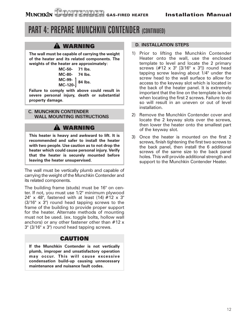 Part 4: prepare munchkin contender, Continued) | Munchkin Gas-Fired Hot Water Circulating Heater User Manual | Page 13 / 72