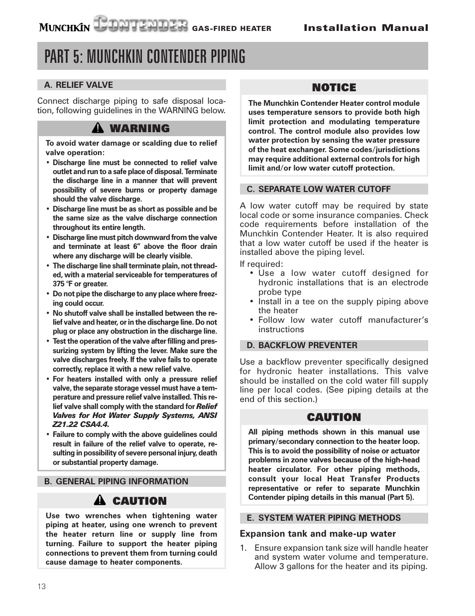 Part 5: munchkin contender piping, Caution, Notice | Warning | Munchkin Gas-Fired Hot Water Circulating Heater User Manual | Page 14 / 72