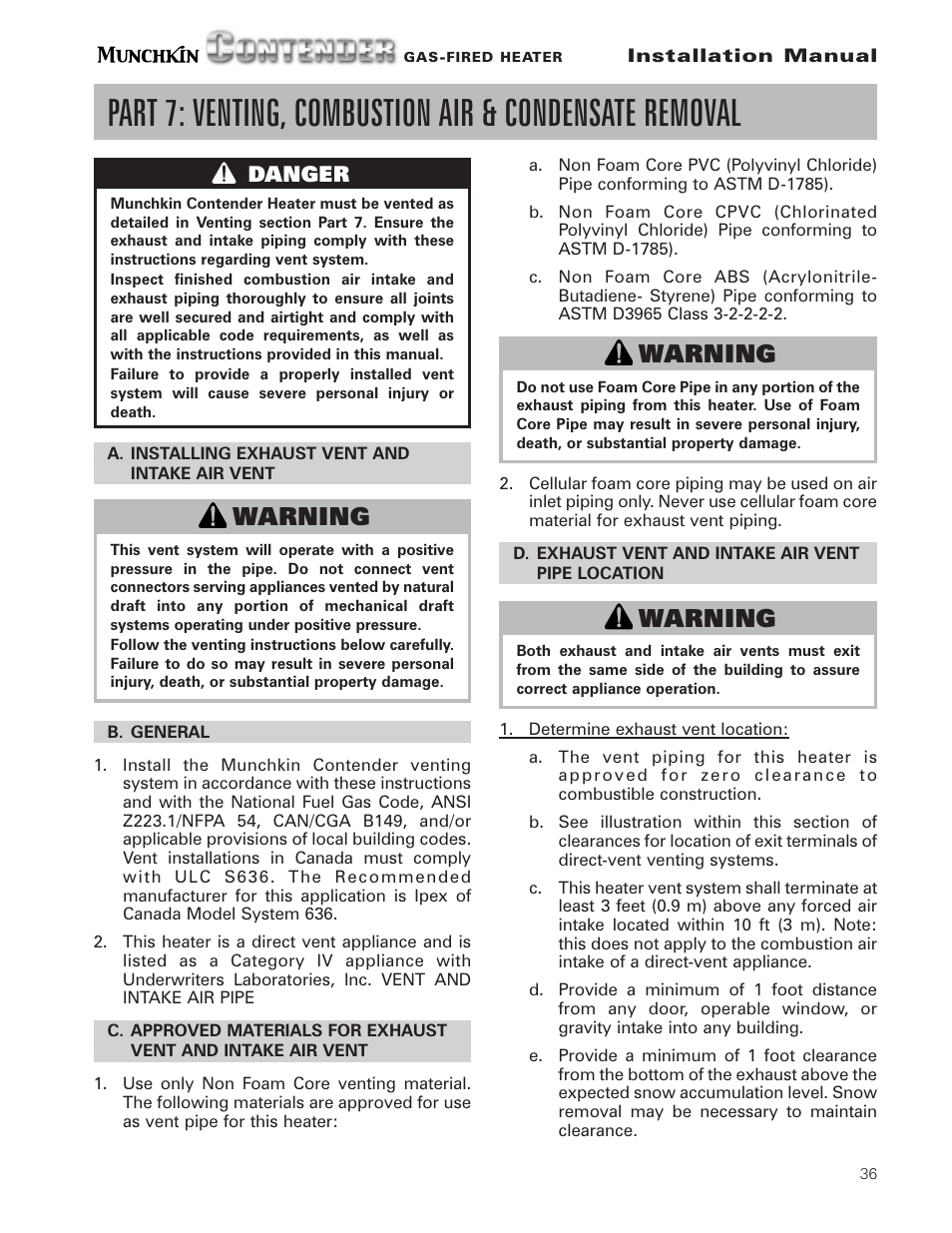 Warning | Munchkin Gas-Fired Hot Water Circulating Heater User Manual | Page 37 / 72