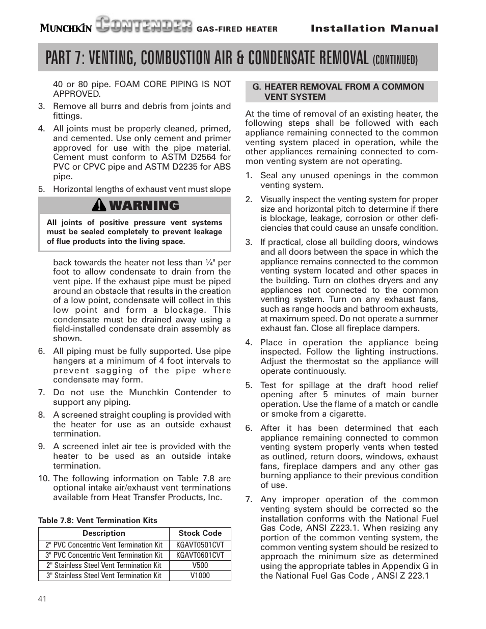 Continued), Warning | Munchkin Gas-Fired Hot Water Circulating Heater User Manual | Page 42 / 72