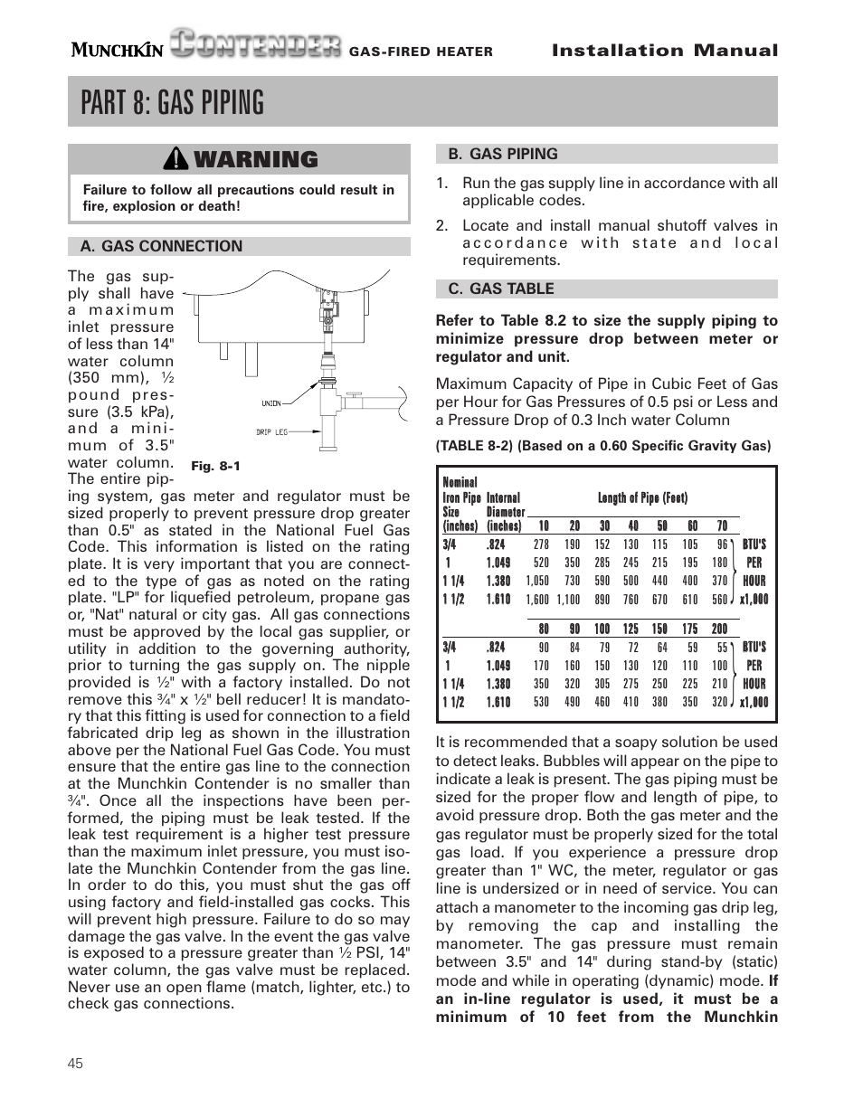 Part 8: gas piping, Warning | Munchkin Gas-Fired Hot Water Circulating Heater User Manual | Page 46 / 72