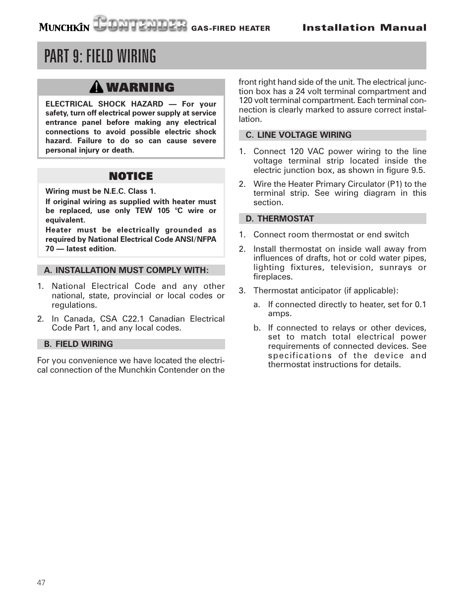 Part 9: field wiring, Warning | Munchkin Gas-Fired Hot Water Circulating Heater User Manual | Page 48 / 72