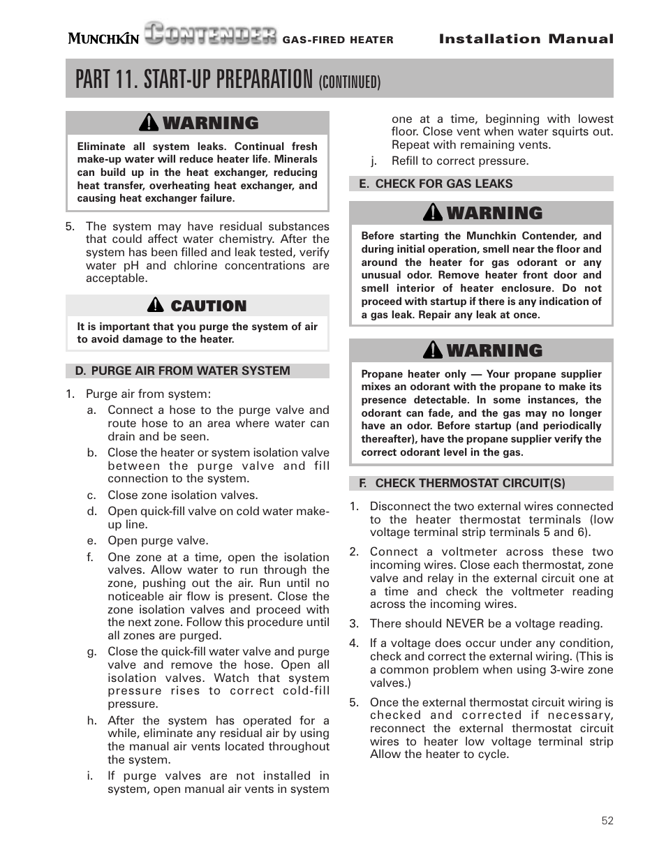 Part 11. start-up preparation, Continued), Warning | Munchkin Gas-Fired Hot Water Circulating Heater User Manual | Page 53 / 72
