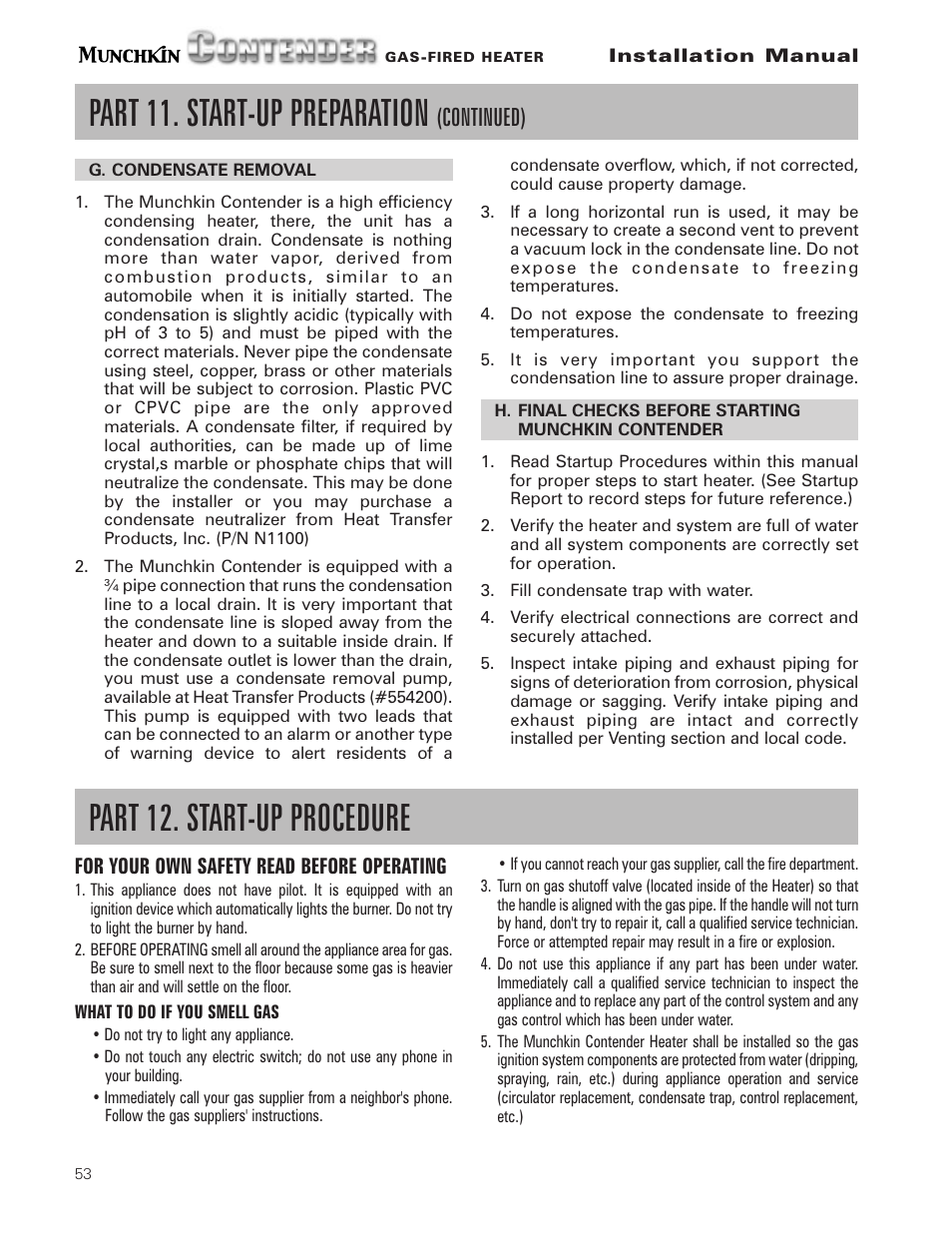 Part 11. start-up preparation, Part 12. start-up procedure, Continued) | Munchkin Gas-Fired Hot Water Circulating Heater User Manual | Page 54 / 72