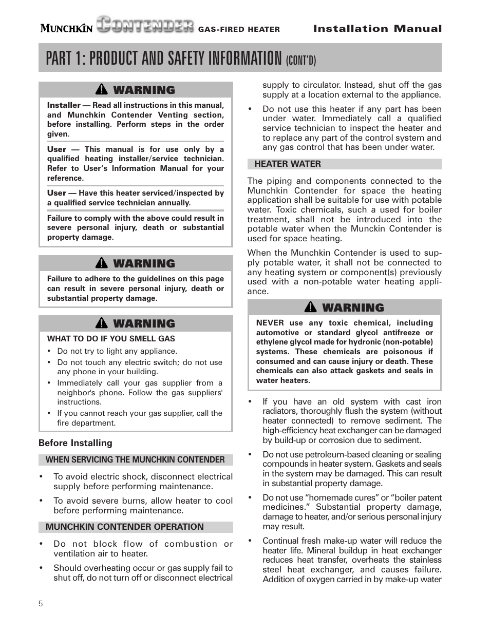 Part 1: product and safety information, Cont’d), Warning | Munchkin Gas-Fired Hot Water Circulating Heater User Manual | Page 6 / 72